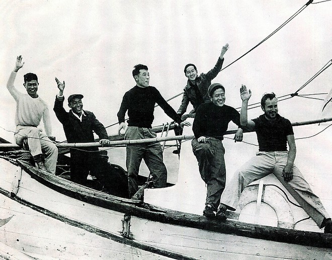 In this photo provided by the Chen family, From left to right, Benny Chia-Cheng Hsu, Loo-Chi, Hu, Marco Yu-Lin Chung, Reno Chia-Lin Chen, Paul Chow and Calvin Mehlert wave from the 